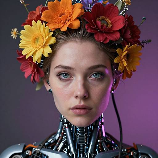 Photograph of a fair-skinned, blue-eyed woman with a metallic robotic neck, wearing a vibrant flower crown with orange and red blossoms, against