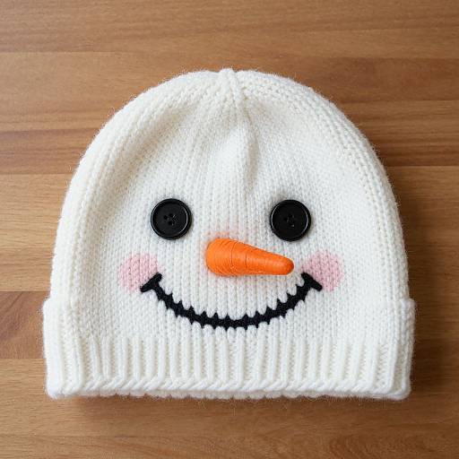 Photograph of a white knit beanie with black eyes, orange carrot nose, and black smile, with pink blush on a wooden surface.