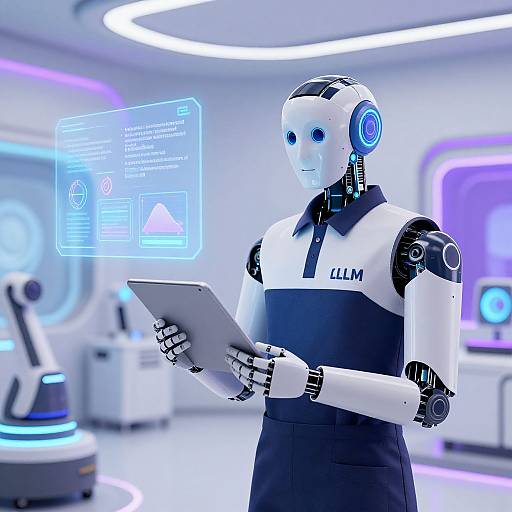 CGI image of a sleek, white and black humanoid robot with blue headphones, holding a tablet, displaying a holographic screen in a futuristic lab with