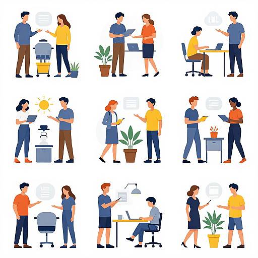 Colorful digital illustration of 16 diverse office workers in various professional interactions, including meetings, discussions, and desk work, with potted plants and office