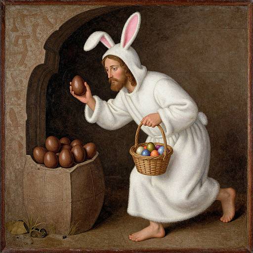 Digital artwork of a bearded man in a white bunny suit with pink ears, kneeling beside a dark stone arch, holding a basket of Easter eggs,
