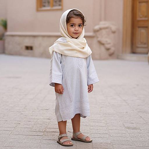 Photograph of a young girl with dark hair, wearing a white dress, cream headscarf, and gray sandals, standing on a cobblestone