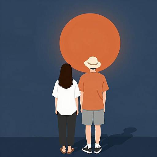 Illustration of Two People Facing Large Orange Sun
