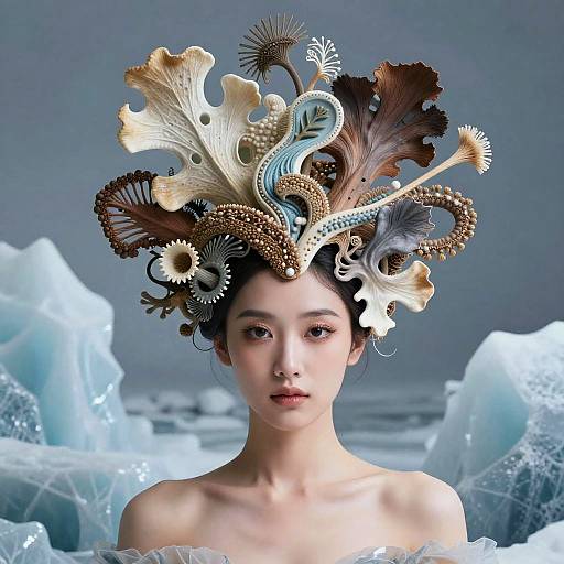 Woman with Organic Headpiece in Icy Landscape