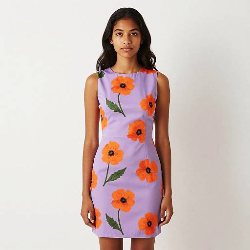 Photograph of a young Black woman with long black hair, wearing a sleeveless lavender dress with vibrant orange poppy flower prints, standing against a plain