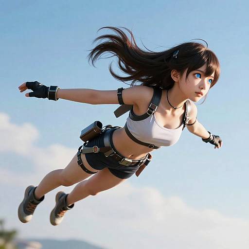 Digital art of a young Asian woman with blue eyes, black hair, wearing a white crop top, black shorts, and combat gear, flying against a