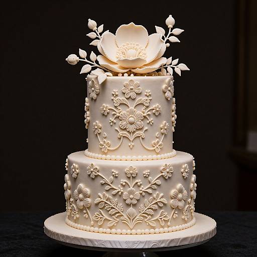 Photograph of a three-tiered white fondant cake adorned with intricate floral and leaf patterns, topped with a large, detailed floral centerpiece, set against