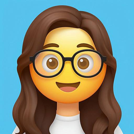 Digital illustration of a smiling, yellow-skinned emoji with large brown eyes, black glasses, and wavy brown hair against a bright blue background.