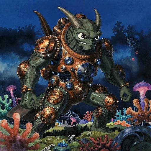 Clockwork Kraken in Bioluminescent Reef