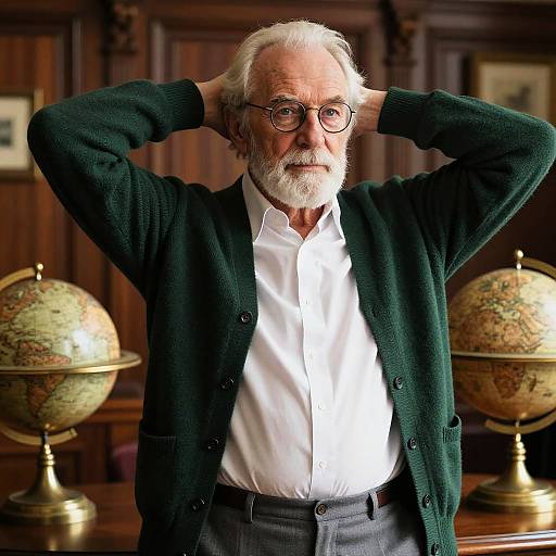 Photograph of an elderly white man with white hair and beard, wearing glasses, green cardigan, white shirt, and gray pants, standing in a
