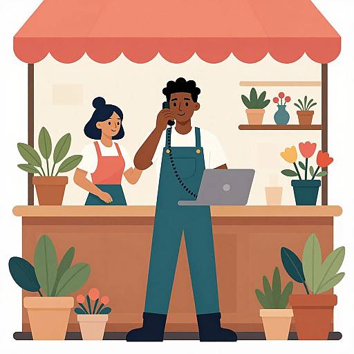 Illustration of a black man in blue overalls talking on phone at a flower shop, with a black woman in pink shirt and blue apron beside