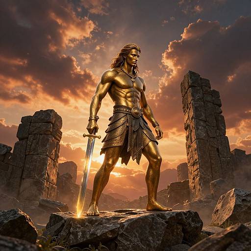 Golden warrior with long hair, muscular physique, and loincloth stands on rocky ruins, holding sword, against dramatic orange sunset sky.