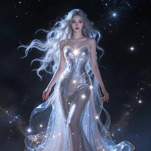 Digital illustration of a ethereal, silver-haired woman in a shimmering, star-covered, transparent gown against a starry night sky.