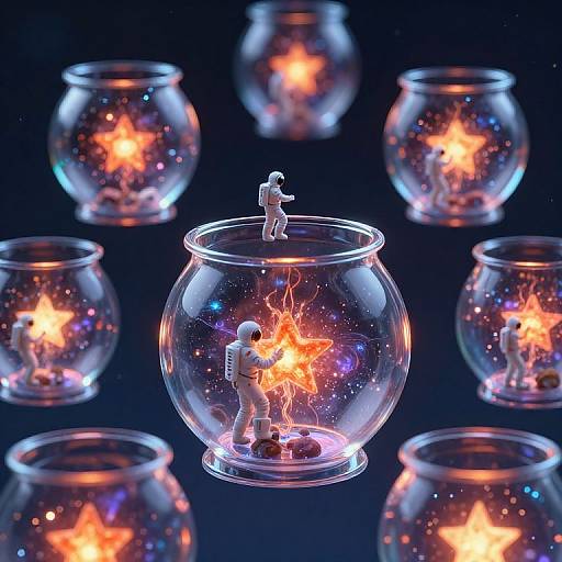 Photograph: Glowing fishbowls with miniature figures, one scientist holding a star, another standing above, surrounded by floating orange stars, against a