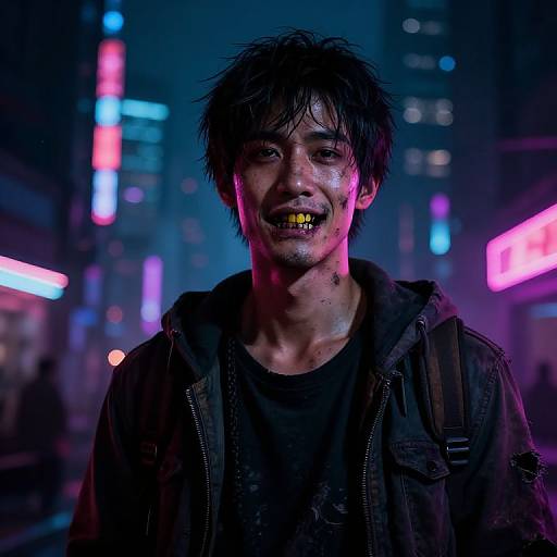 Photograph of a disheveled Asian man with black hair, yellowed teeth, and dirty face, wearing a dark hoodie, in a neon-l