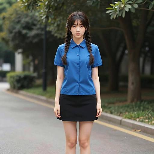 Photograph of an East Asian woman with long black braids, wearing a blue shirt and black skirt, standing on a tree-lined, wet street.