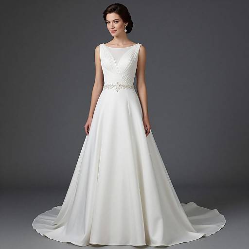 Photograph of a brunette woman in a white, sleeveless, lace-embellished wedding gown with a long train, standing against a dark gray