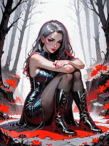 Dark Fantasy Woman in Black Bodycon Dress in Forest