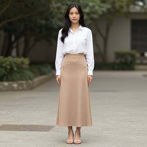 Photograph of an Asian woman with long black hair, wearing a white blouse and tan high-waisted skirt, standing on a paved path with green