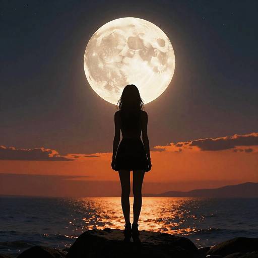 Silhouetted woman standing on rock, facing full moon over orange sunset ocean, dark sky, shimmering water, serene and mysterious.