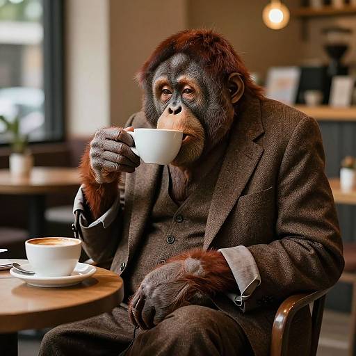 Photograph of a chimpanzee in a brown suit, sipping from a white cup in a cozy café with warm lighting.