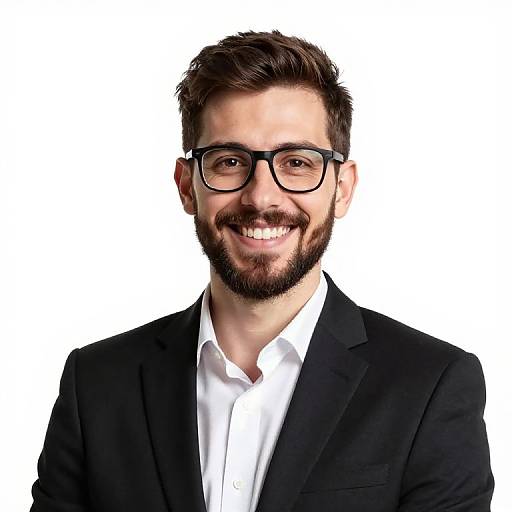 Photograph of a smiling, bearded man with dark brown hair and black glasses, wearing a black suit and white shirt, against a white background.