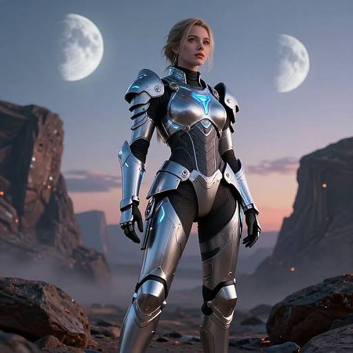 Futuristic Female Explorer in Silver Armor on Alien Landscape