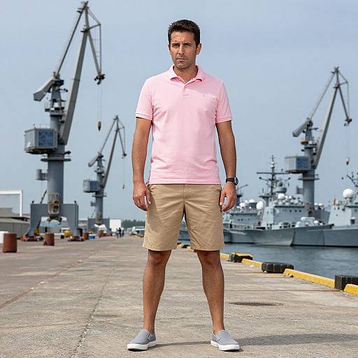 Photograph of a muscular man with short dark hair, wearing a pink polo, beige shorts, and gray sneakers, standing on a dock with cranes