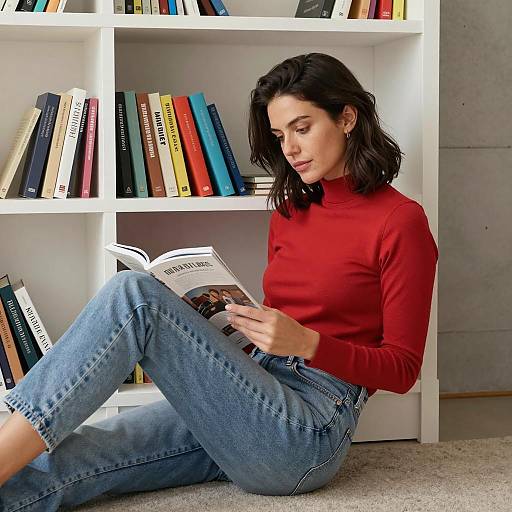 Woman Reading Under Bookshelf
