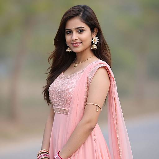 Photograph of an Indian woman with long dark hair, wearing a pink saree, gold jewelry, and traditional earrings, smiling outdoors.