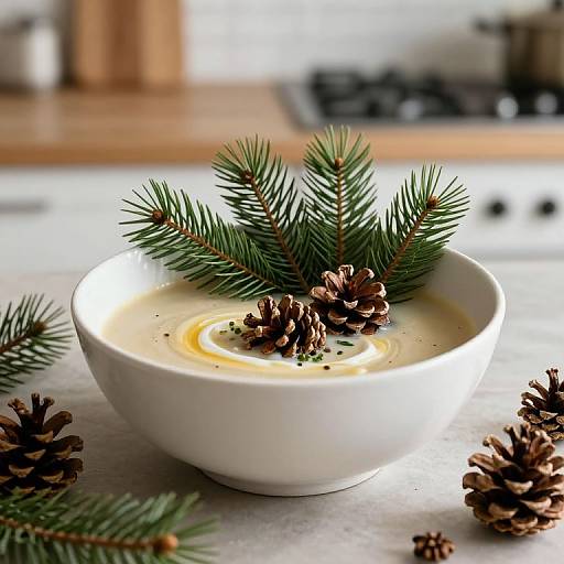 Photograph of a white bowl filled with creamy soup, topped with pine branches and pine cones, set on a kitchen counter.