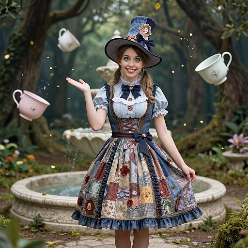 Photorealistic digital art: Smiling woman in blue and white patchwork dress, top hat, floating teacups, enchanted forest background, stone