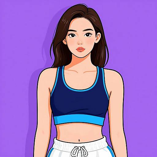 Digital anime-style drawing of a young woman with long brown hair, wearing a black sports bra with blue trim and white shorts, against a solid purple background
