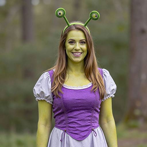 Photograph of a smiling woman with green face paint, wearing a purple dress, white puffed sleeves, and green headband with antennae, standing