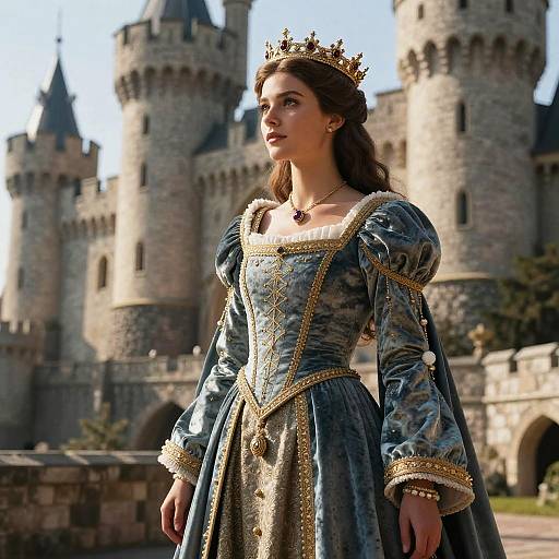 Photograph of a young woman with wavy brown hair, wearing a blue velvet gown with gold trim and a gold crown, standing in front of a