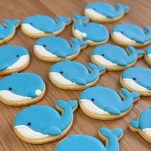 Photograph of blue and white frosted whale-shaped cookies on a wooden surface, with small black eyes and fins.