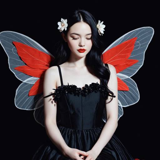 Woman in Black Dress with Red Butterfly Wings