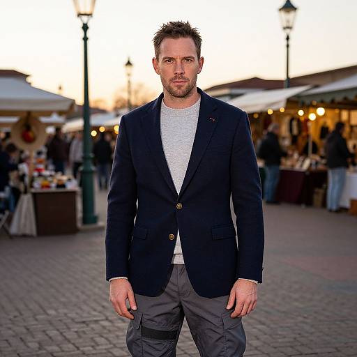 Photograph of a handsome man with short brown hair, wearing a navy blazer, gray sweater, and gray pants, standing in a bustling outdoor market