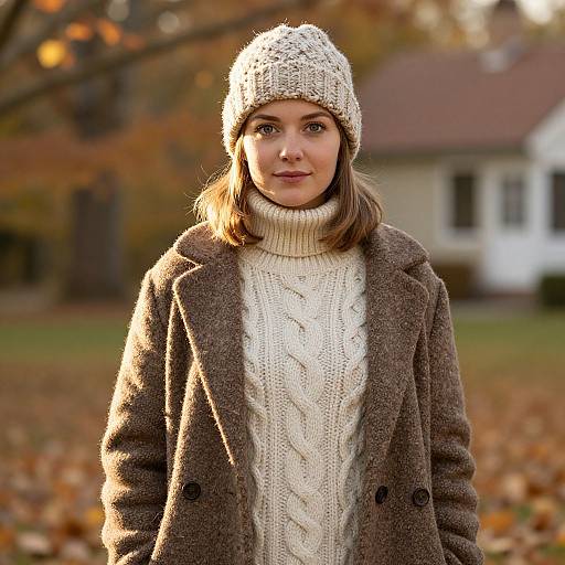 Photograph of a young woman with fair skin, brown hair, wearing a beige knit hat, white cable-knit turtleneck, and brown wool