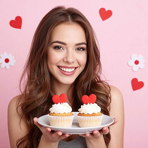 Smiling Woman with Heart Cupcakes