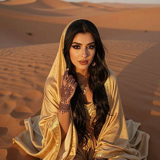 Photograph of a beautiful South Asian woman with long black hair, wearing a gold henna-adorned veil and traditional attire, kneeling in a sun