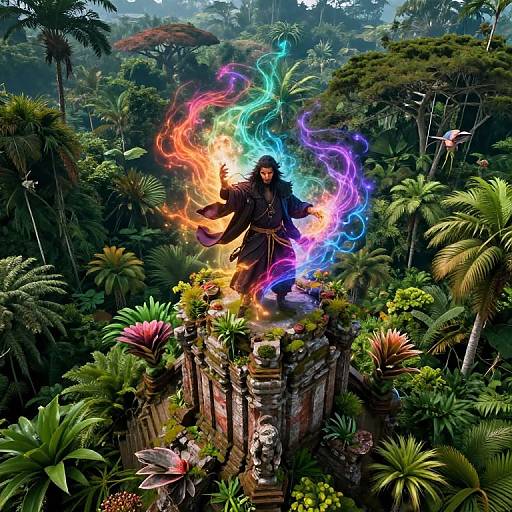 Digital artwork of a dark-robed sorcerer with vibrant, rainbow-colored flames surrounding him, standing on an ancient, overgrown stone pedestal in a lush