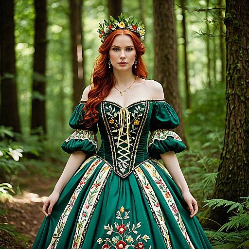 Red-Haired Woman in Renaissance Dress in Forest