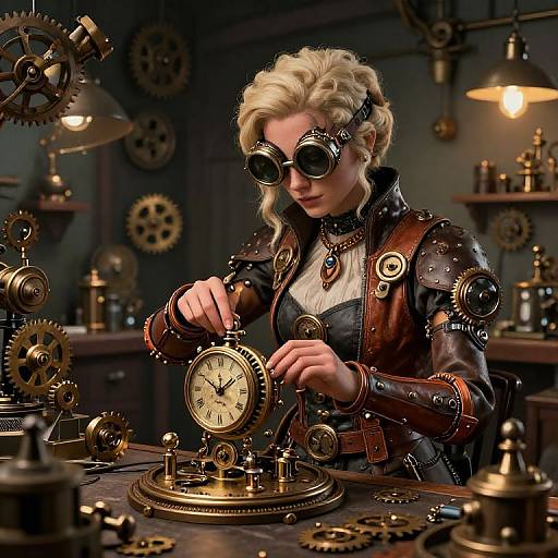 Steampunk woman with blonde hair, goggles, and leather armor repairs a brass clock in a dimly lit workshop filled with gears. CGI artwork.
