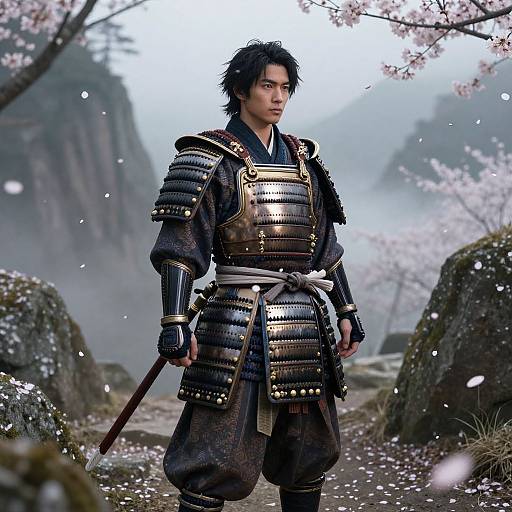 Photorealistic digital artwork of an Asian samurai with black hair, wearing detailed golden and black armor, standing in a misty cherry blossom forest,
