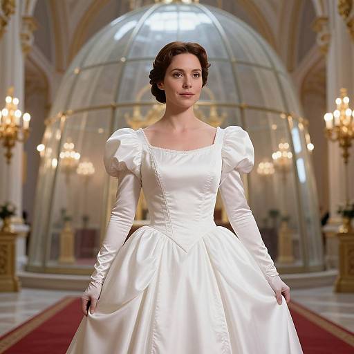 Photograph of a brunette woman in a white, puffed-sleeve, long-sleeve, satin wedding dress, standing in an ornate