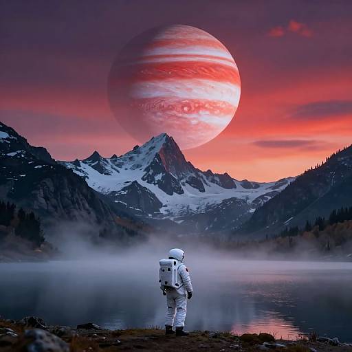 Astronaut Gazing at Crimson Jupiter Over Mountain Lake