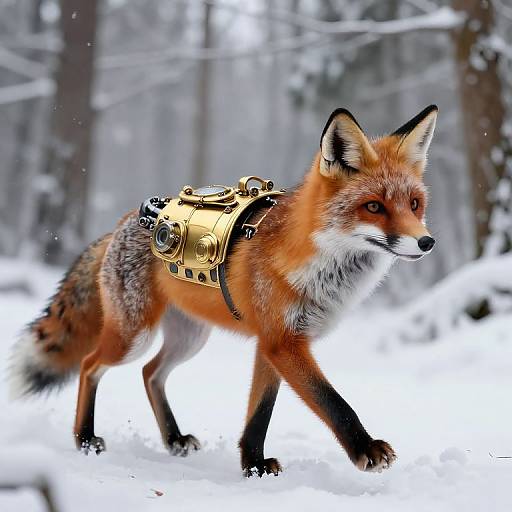 Photograph of a red fox with a golden, futuristic harness walking through a snowy forest, blending natural and sci-fi elements.