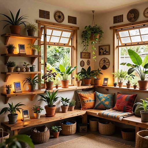 Cozy sunlit corner room with wooden shelves, potted plants, colorful cushions, and windowsill seating, creating a warm, inviting greenery-filled