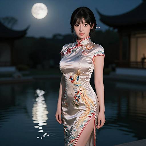 Photorealistic CGI of an Asian woman in a silver, floral-patterned cheongsam with red trim, standing by a moonlit pool at night